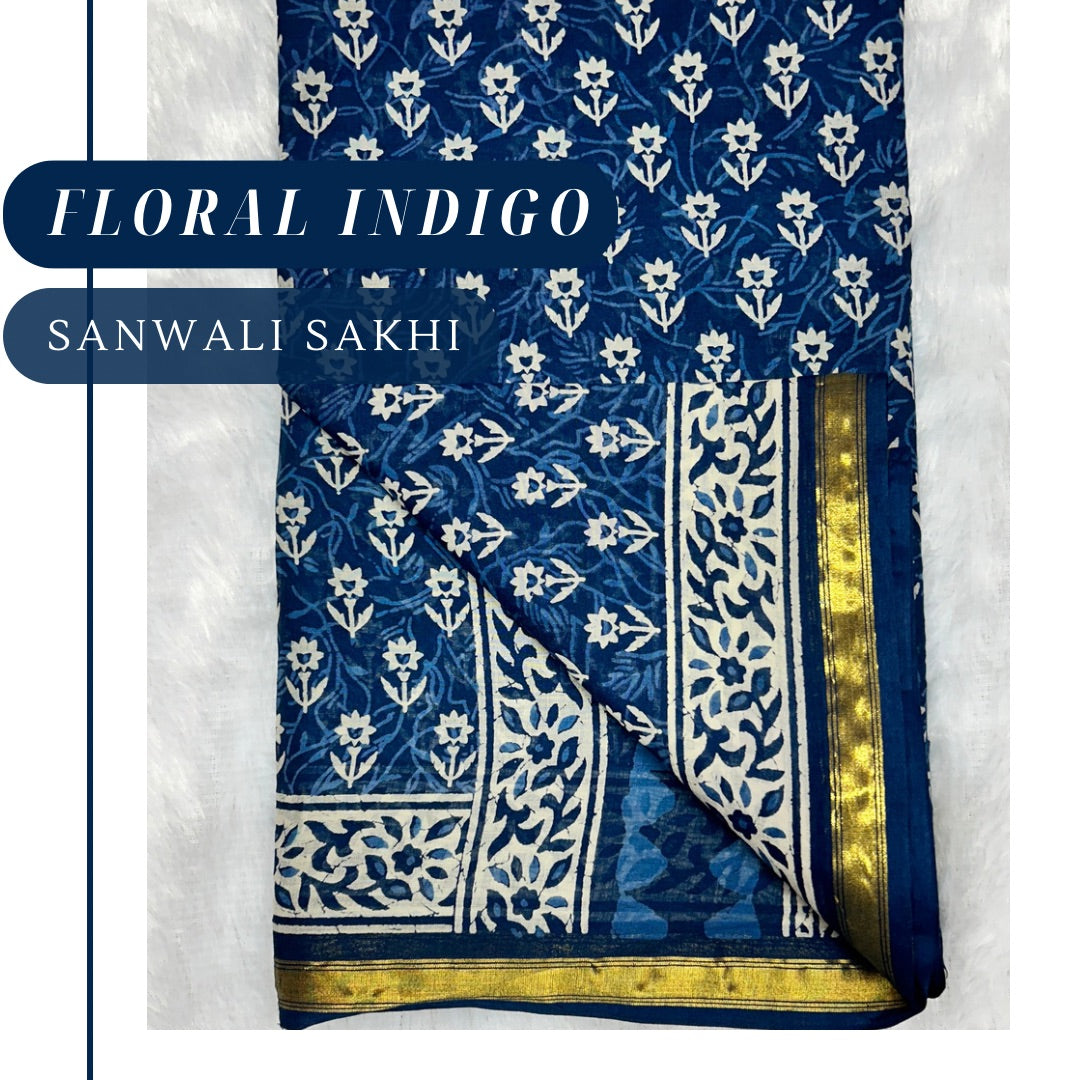 Indigo Maheshwari Cotton Saree