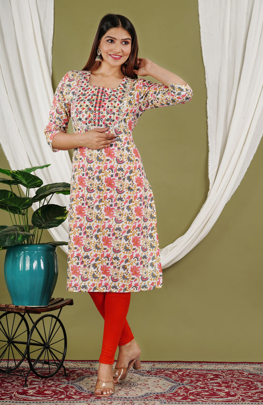 Floral Straight Mirror Embroidered kurti