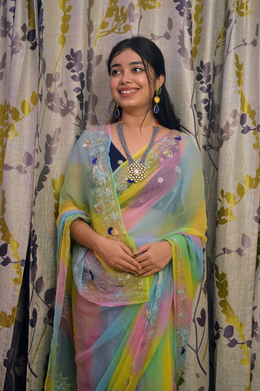 Zari Pachrangi Leheriya Saree
