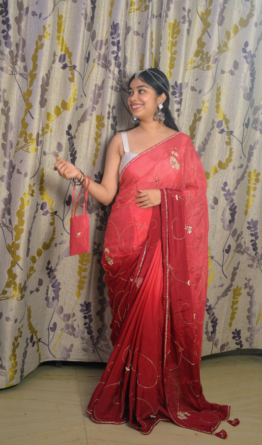 Shaded Maroon Moti work Crepe Sari