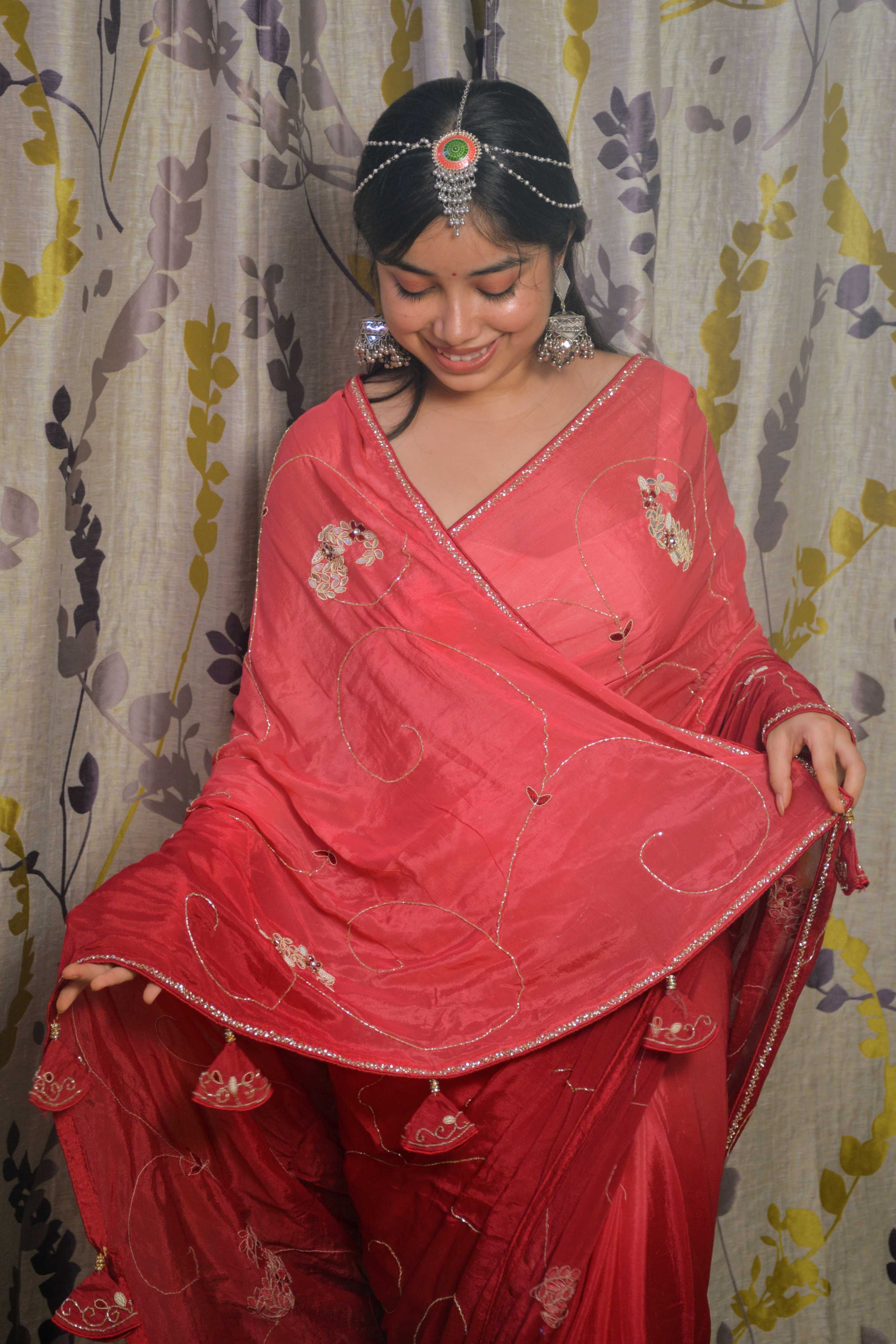 Shaded Maroon Moti work Crepe Sari