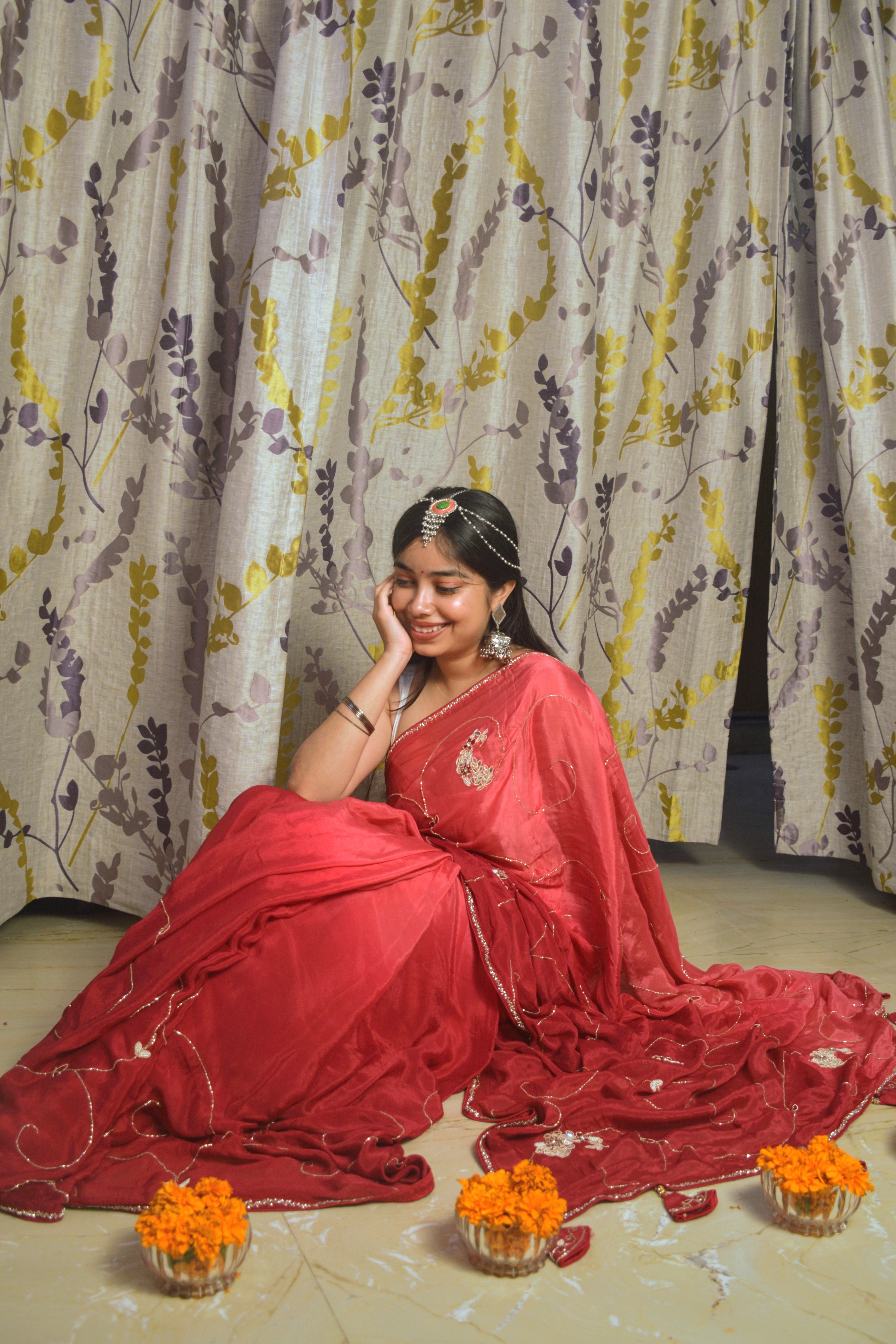 Shaded Maroon Moti work Crepe Sari