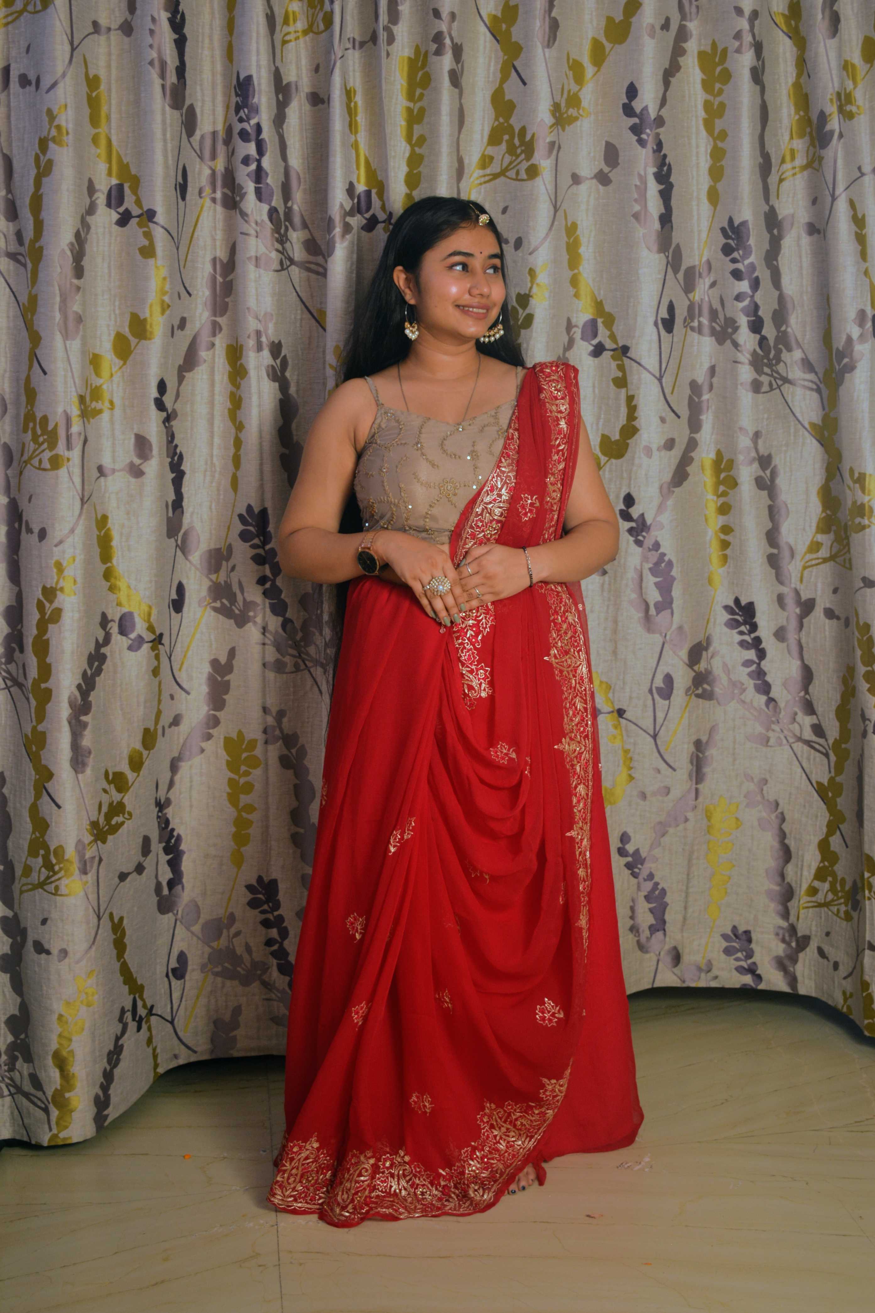 Red Zari Chiffon Saree