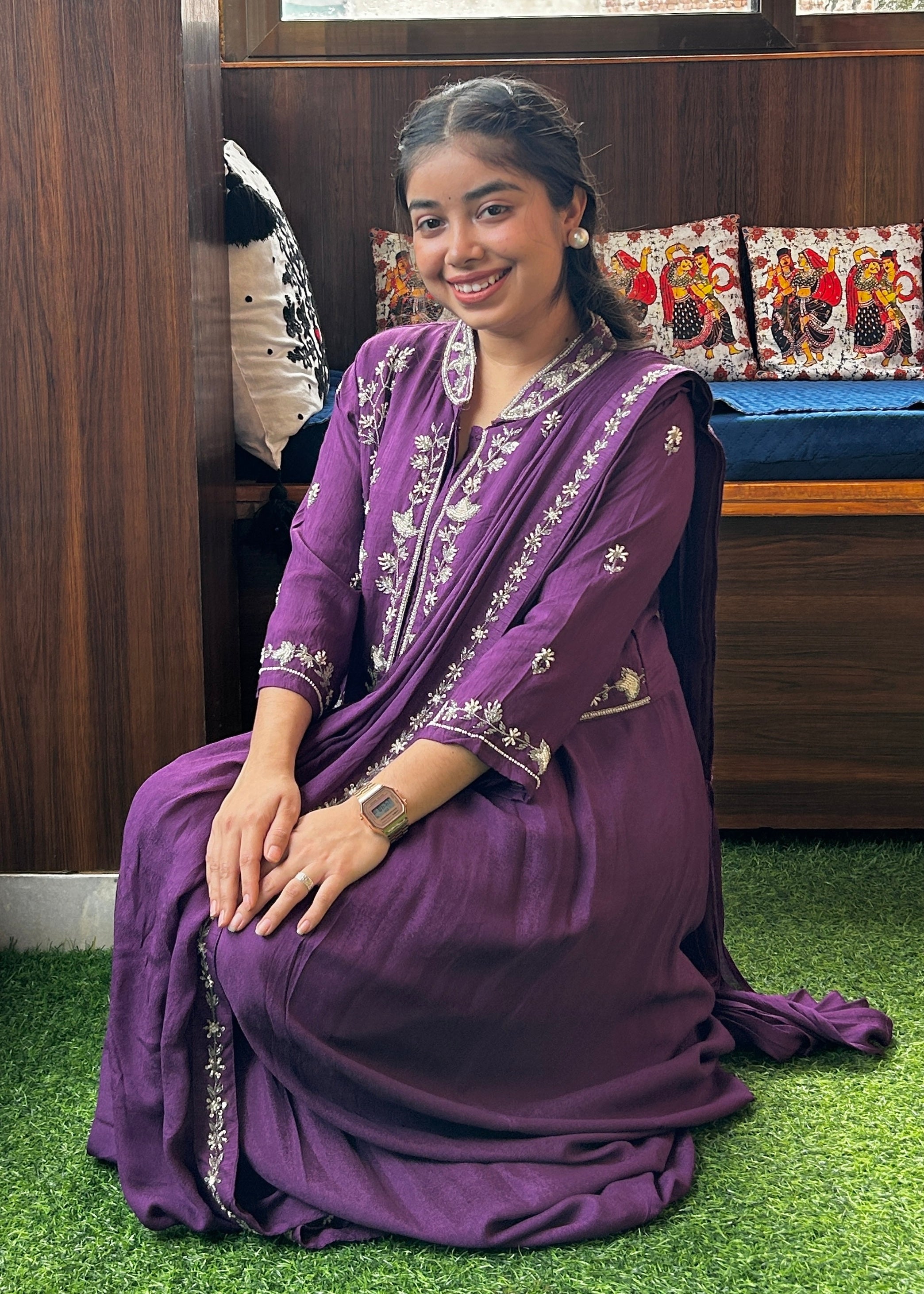 Purple Royale: Pre-Stitched Handwork Saree