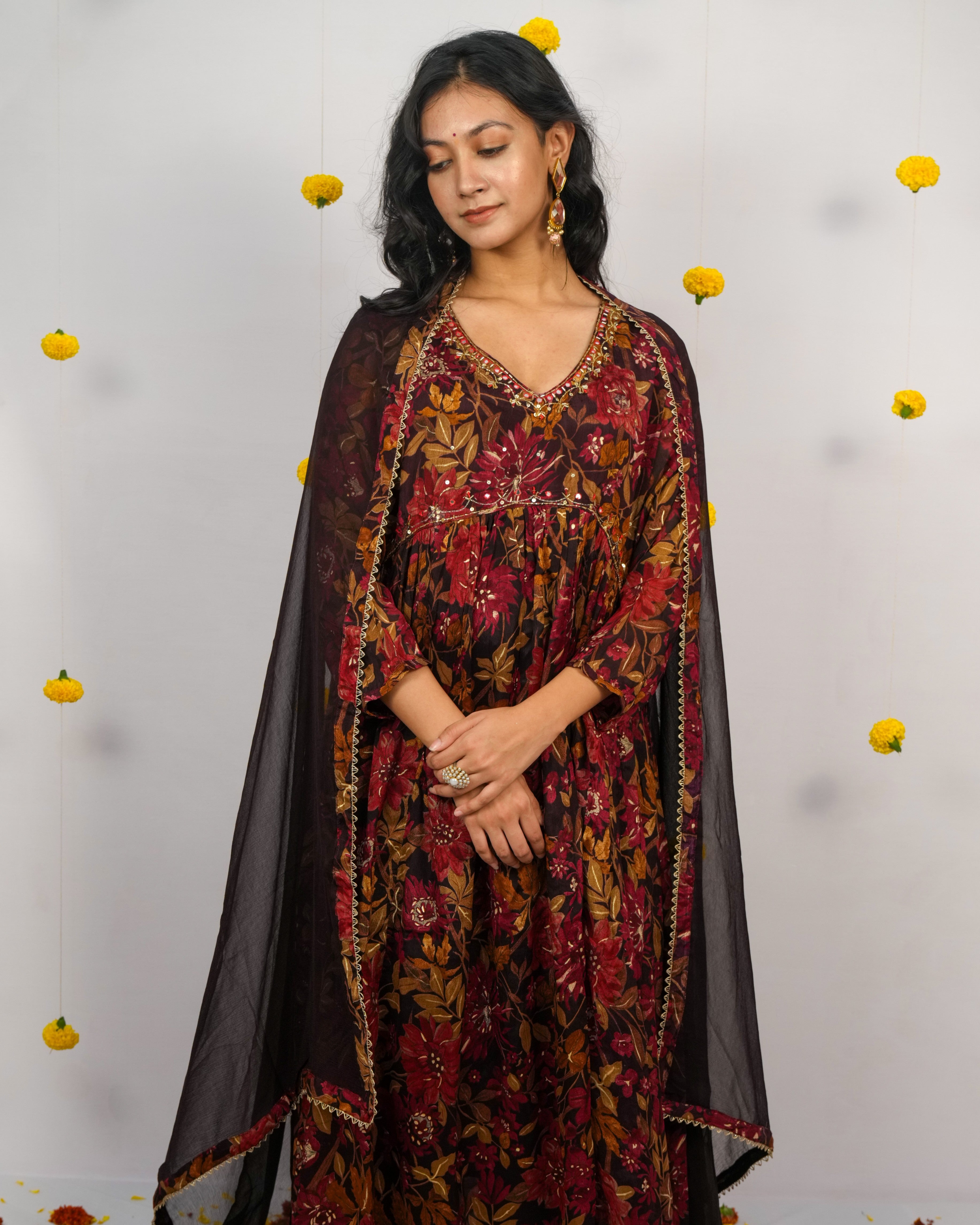 Brown Embellished Anarkali