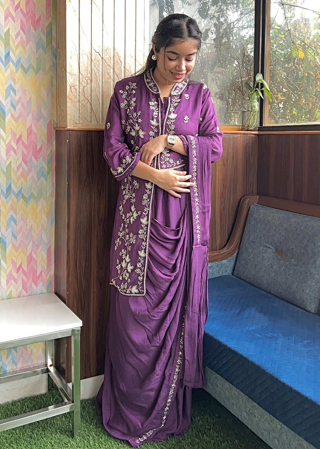 Purple Royale: Pre-Stitched Handwork Saree