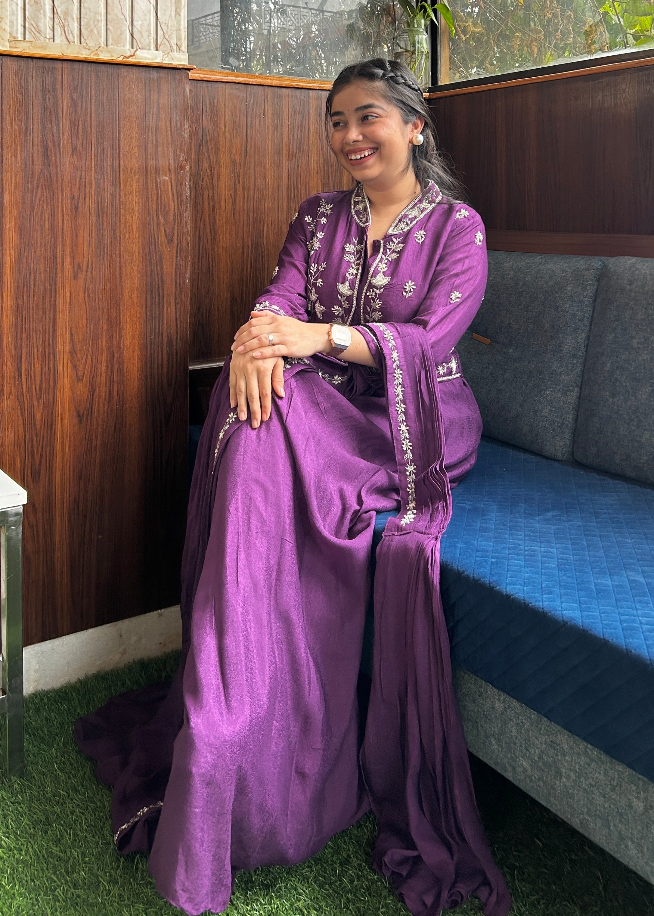 Purple Royale: Pre-Stitched Handwork Saree