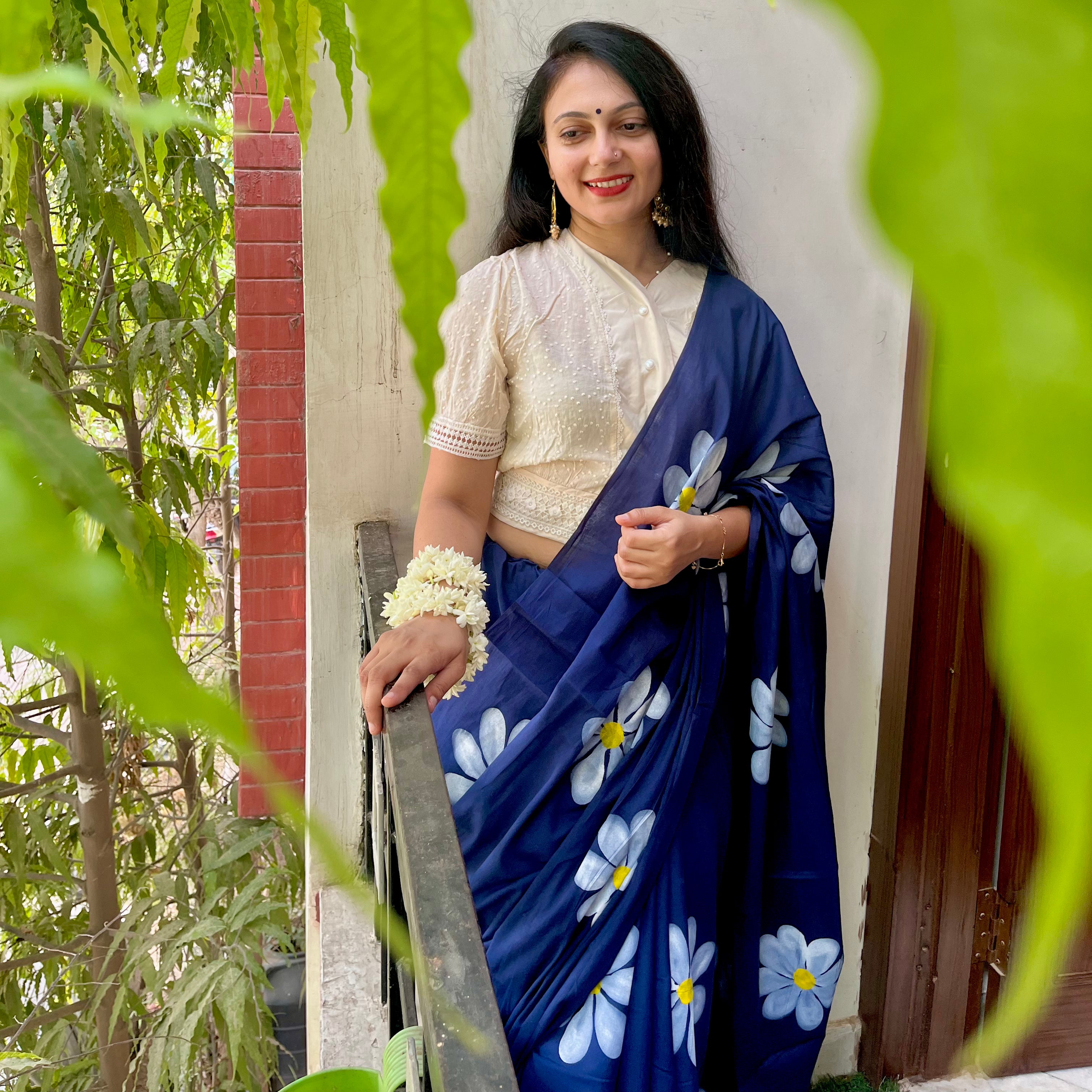 Indigo Flower Handpainted Cotton Saree