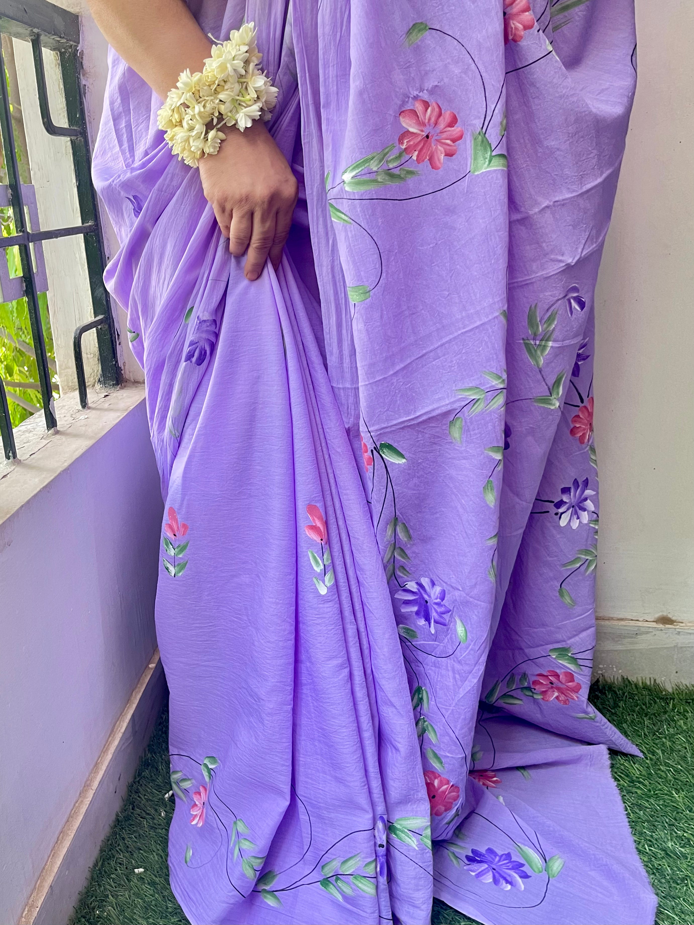 Lavender Bloom Handpainted Cotton Saree