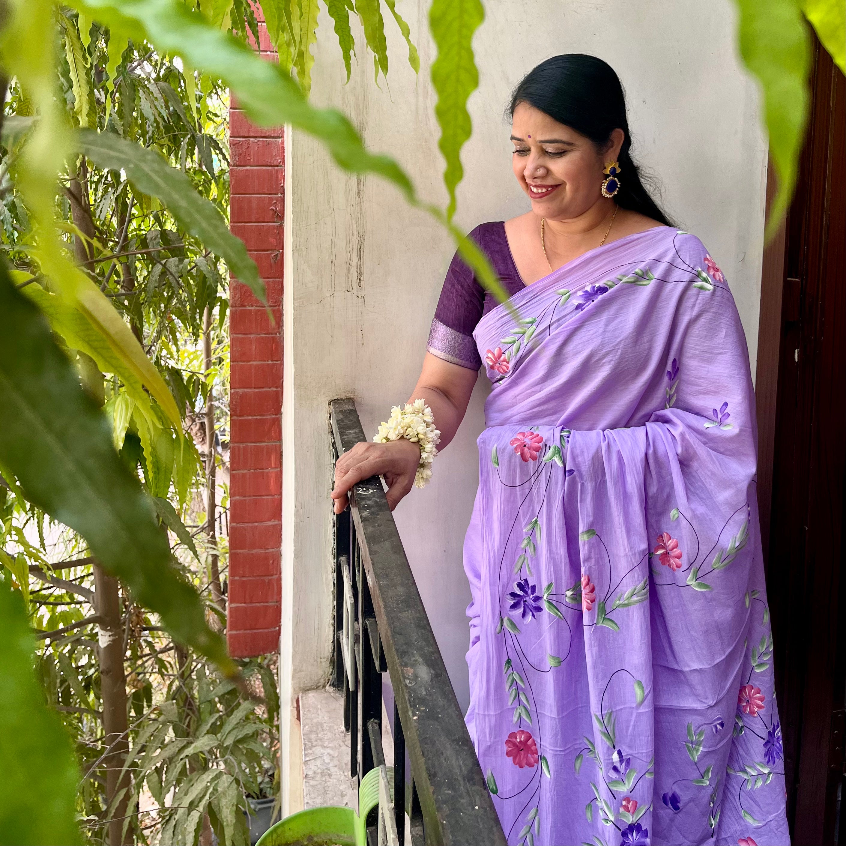 Lavender Bloom Handpainted Cotton Saree