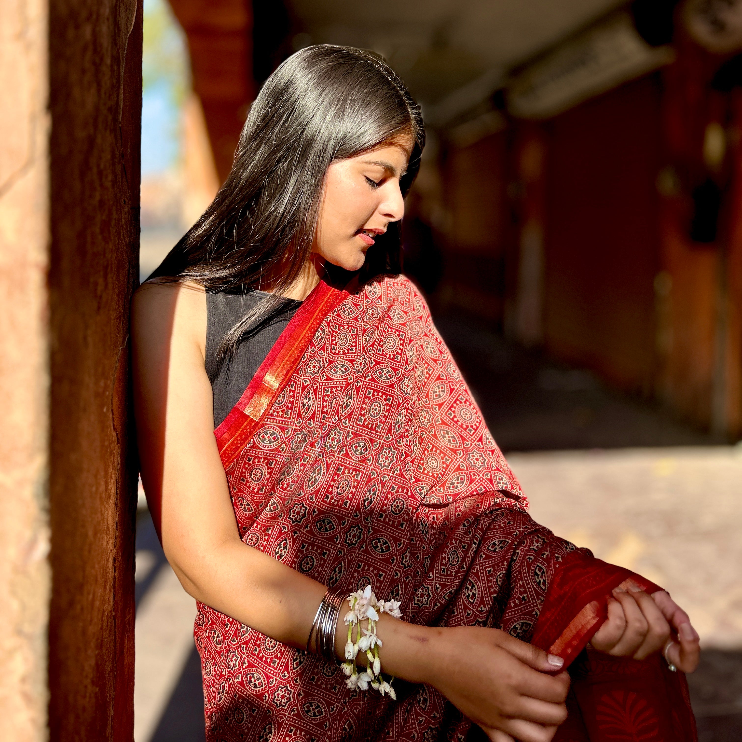 Red Ajrakh Chanderi Cotton Saree