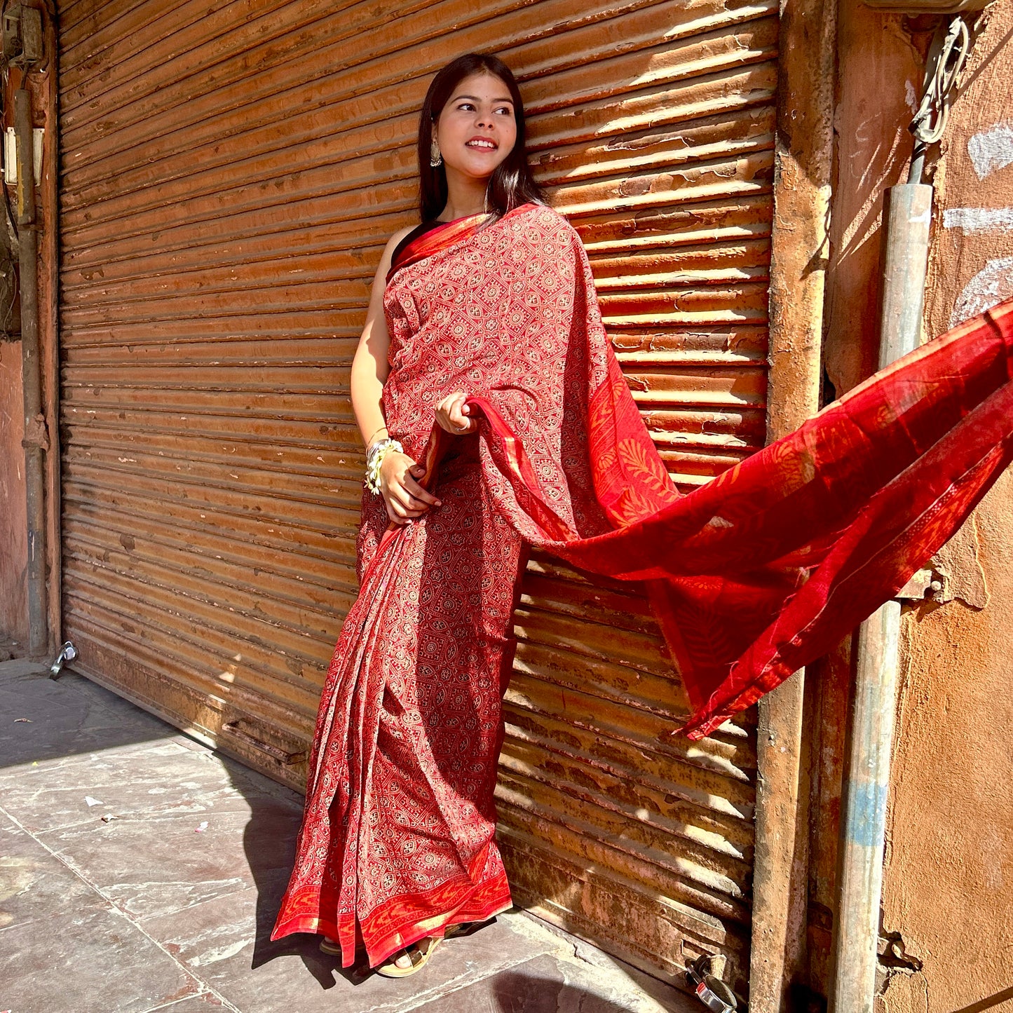 Red Ajrakh Chanderi Cotton Saree