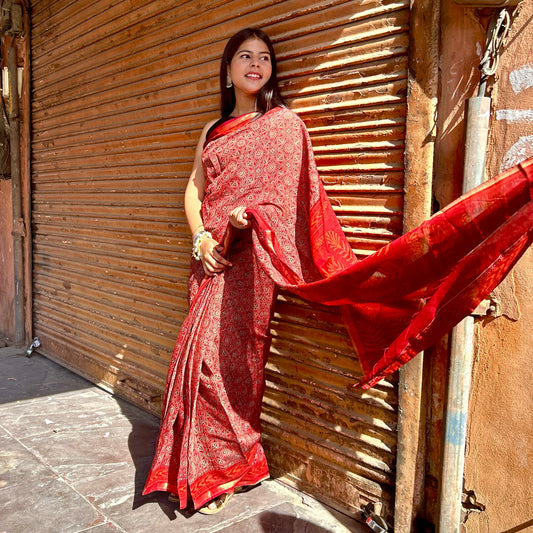 Red Ajrakh Chanderi Cotton Saree