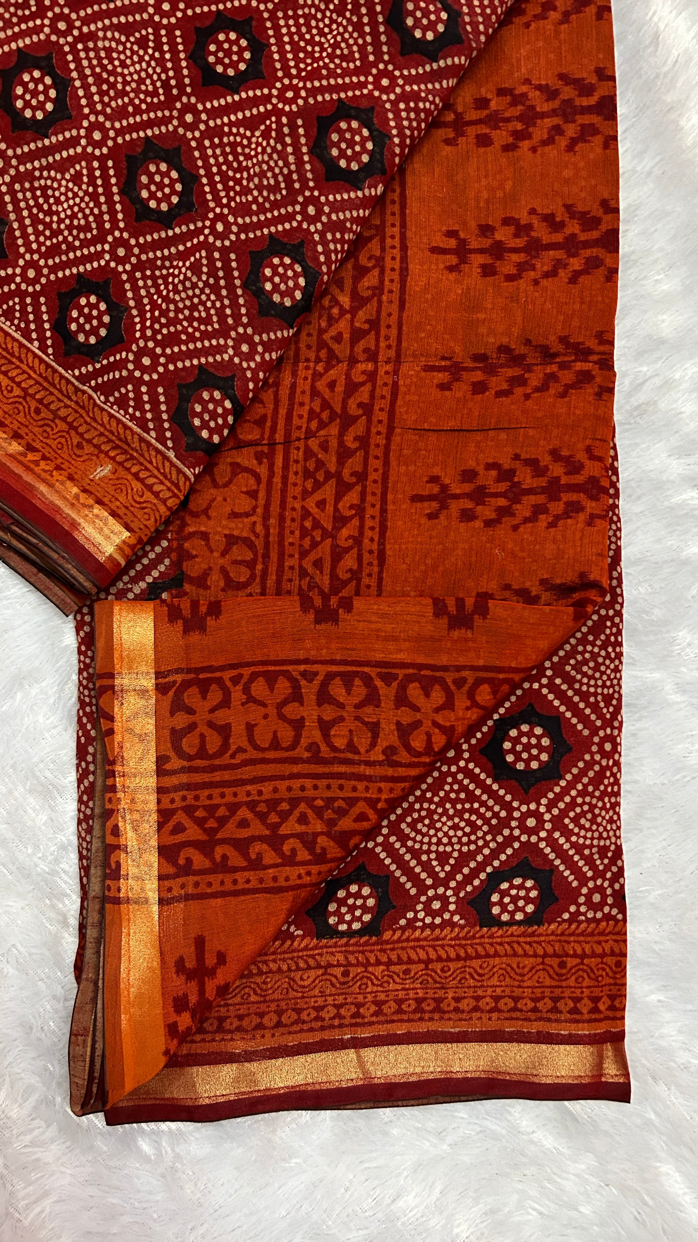 Red Ajrakh Chanderi Cotton Saree