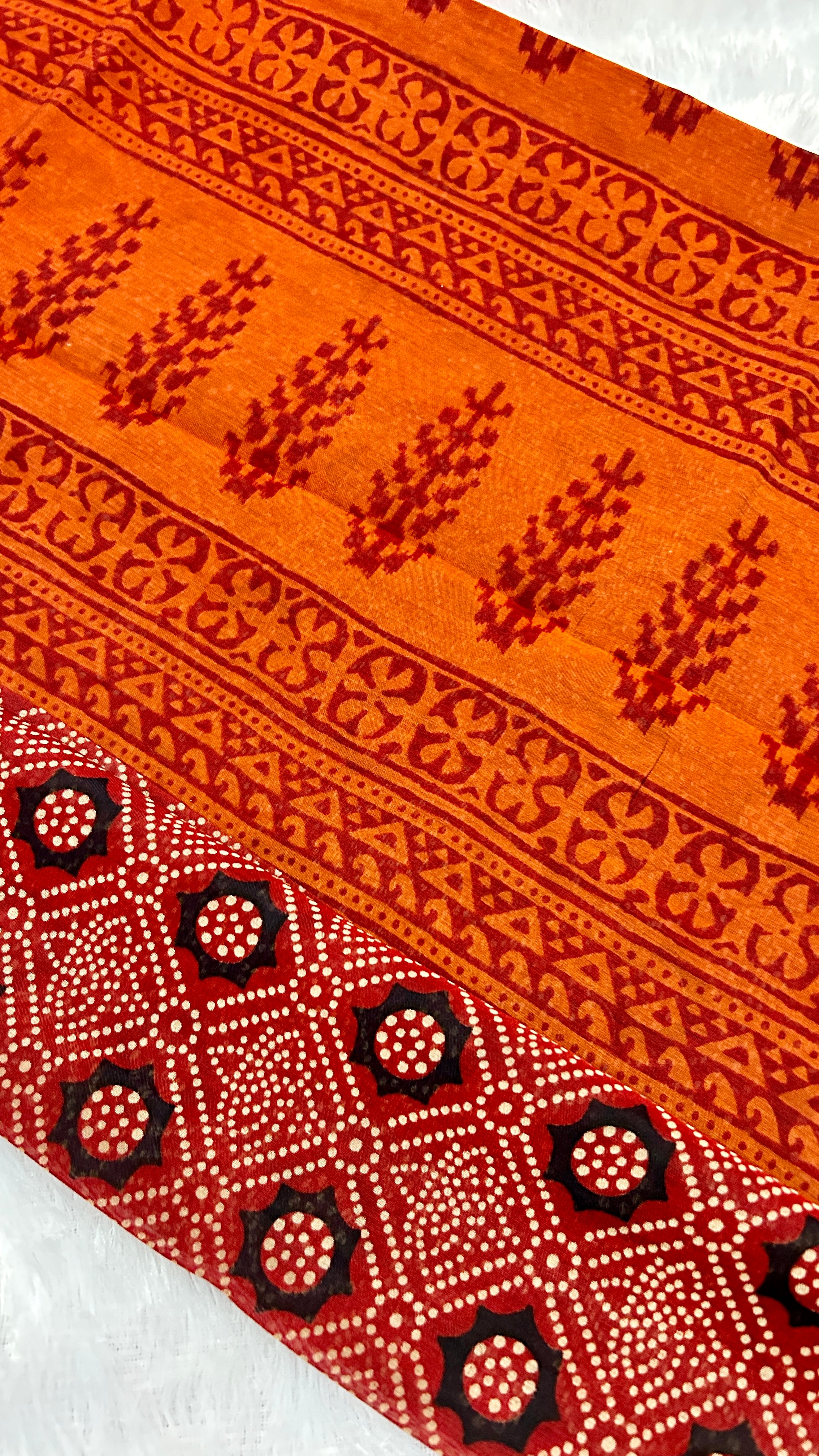 Red Ajrakh Chanderi Cotton Saree