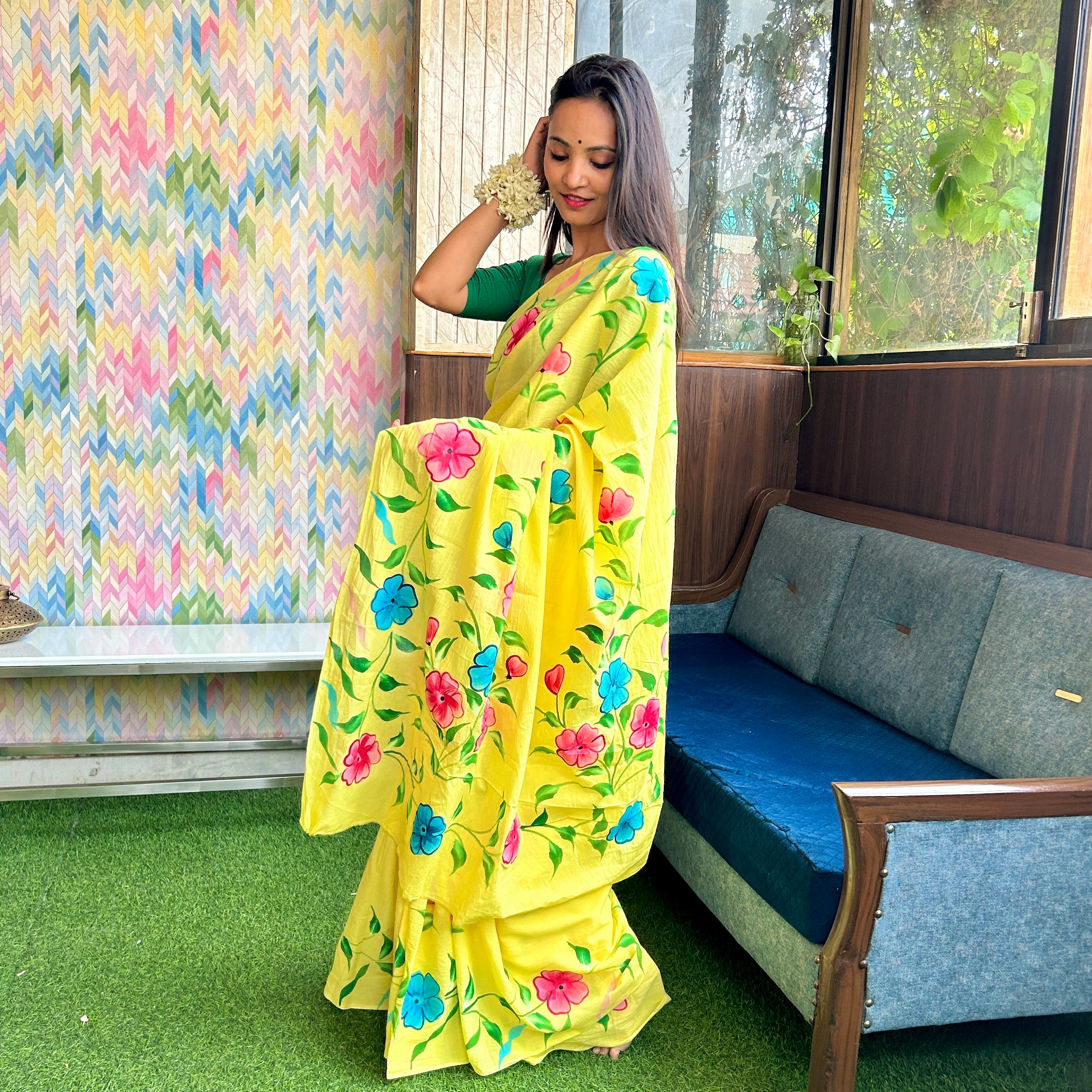 Daffodil Dream Handpainted Cotton Saree