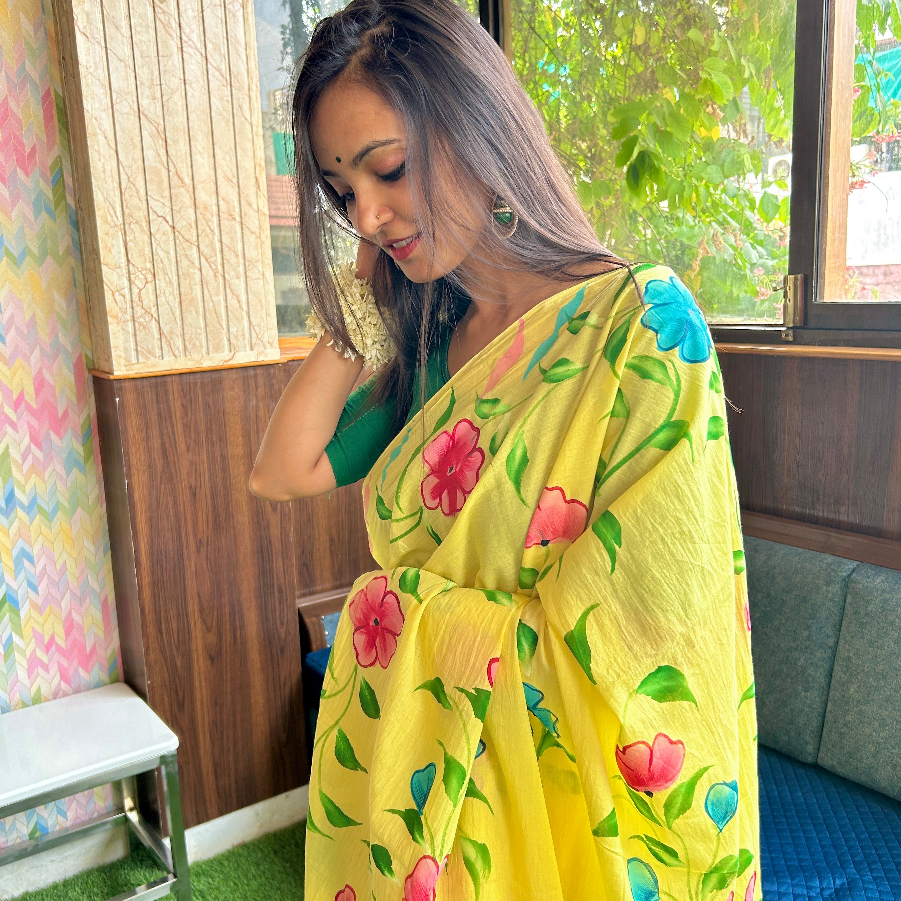 Daffodil Dream Handpainted Cotton Saree