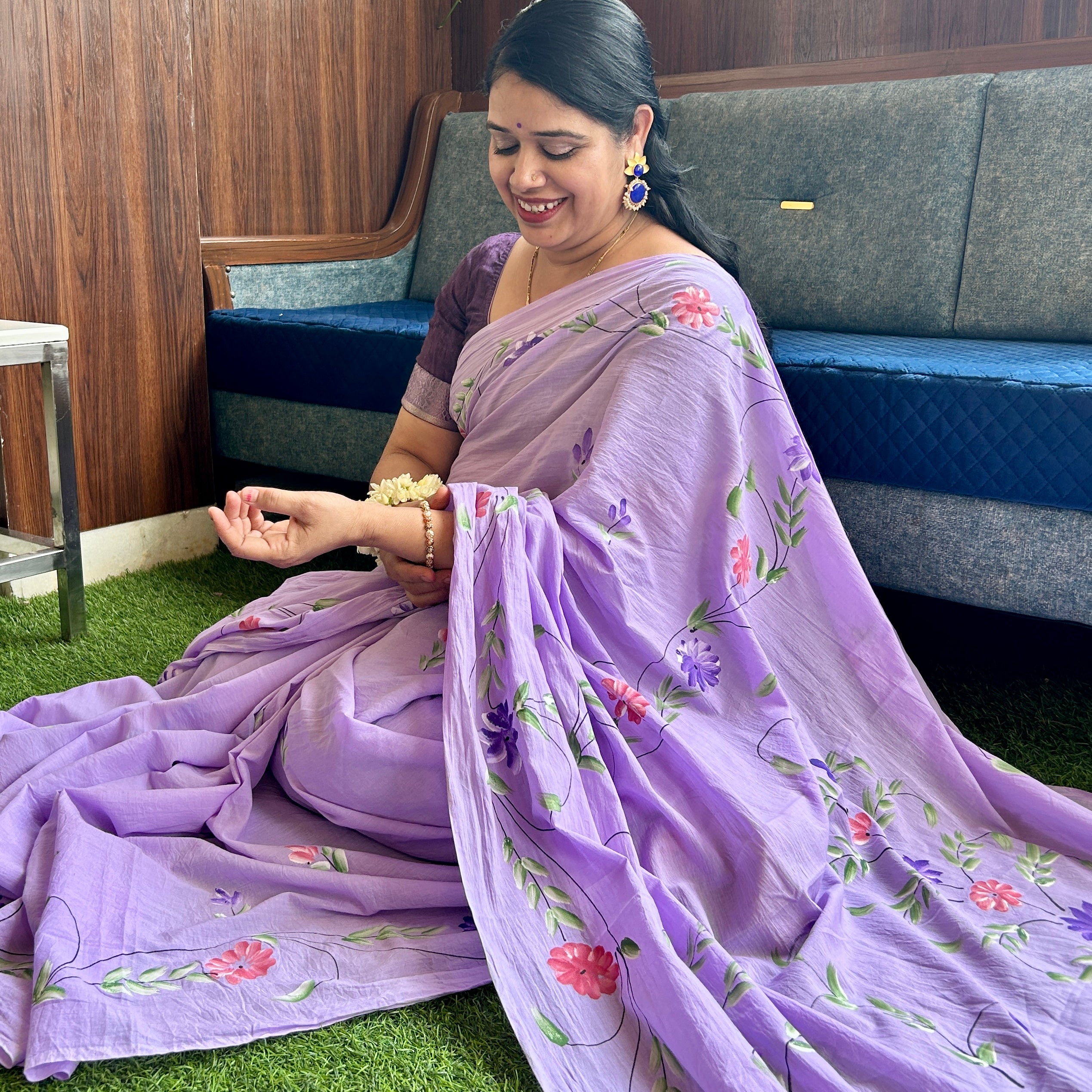 Lavender Bloom Handpainted Cotton Saree