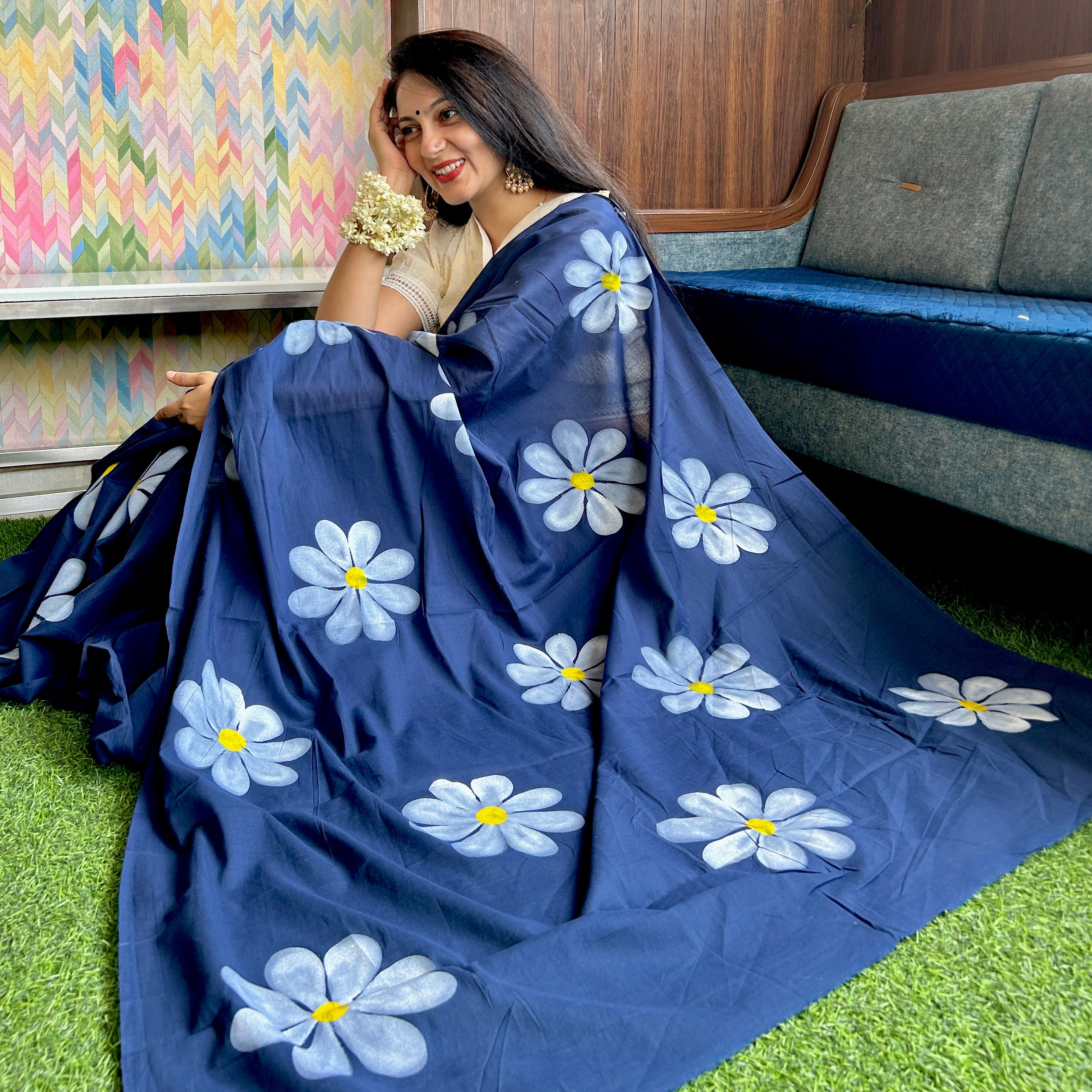 Indigo Flower Handpainted Cotton Saree